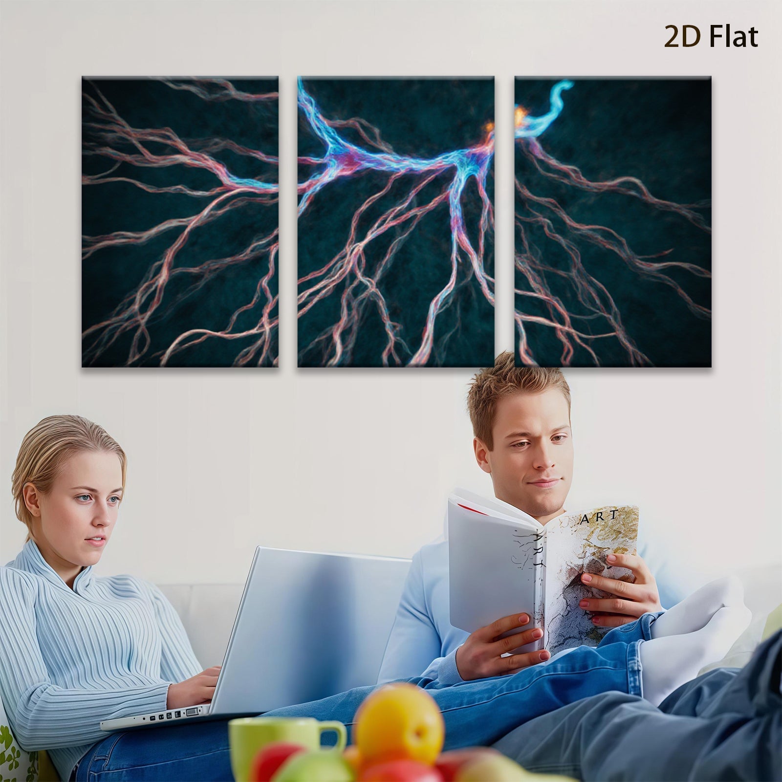 2D flat 1pc Abstract Bioluminescence Neural Network Wall Art Decor for Living Room Bedroom Office Modern Canvas Prints Gallery Wrapped Teal Blue Orange