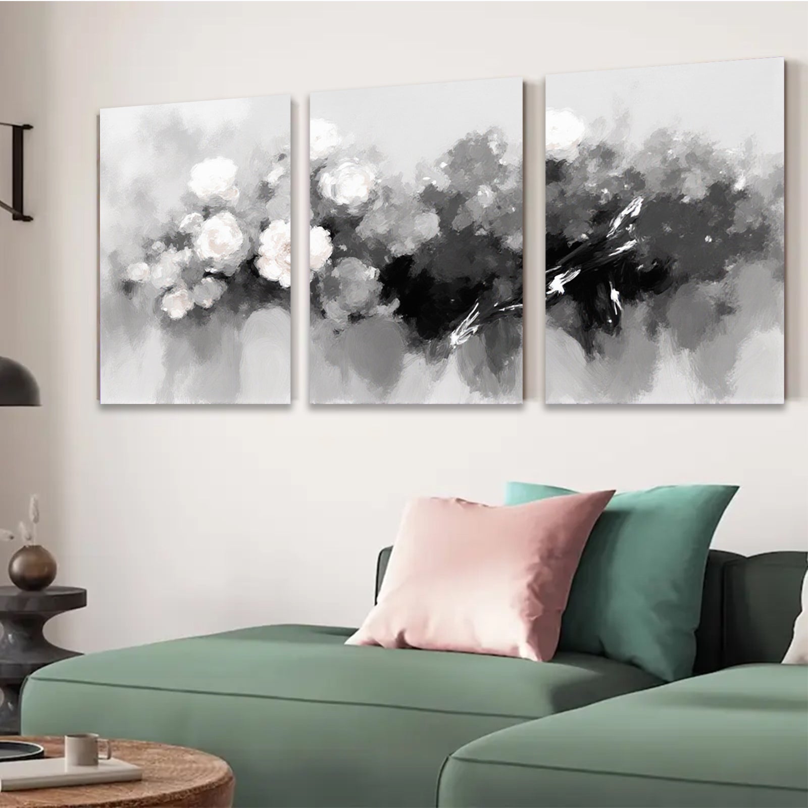 2D flat 1pc Abstract Floral Canvas Wall Art Modern Farmhouse Decor Living Room Bedroom Bathroom Gallery Wrapped Ready to Hang Teal Gray Neutral Tones