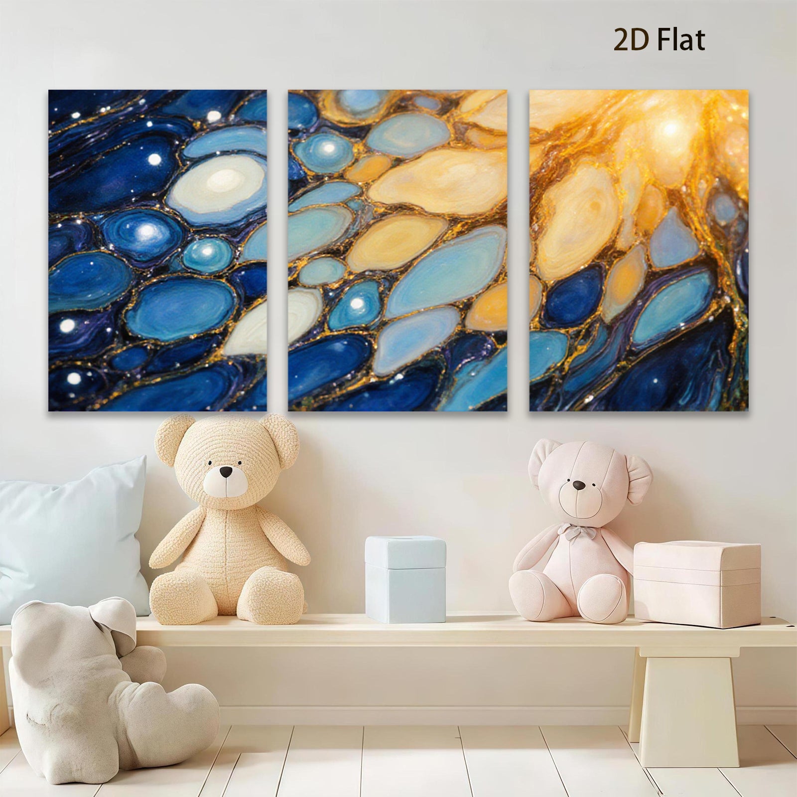 2D flat 1pc Abstract Fluid Art Gold Veins Blue White Wall Decor Living Room Bedroom Modern Farmhouse Canvas Prints Gallery Wrapped Ready to Hang