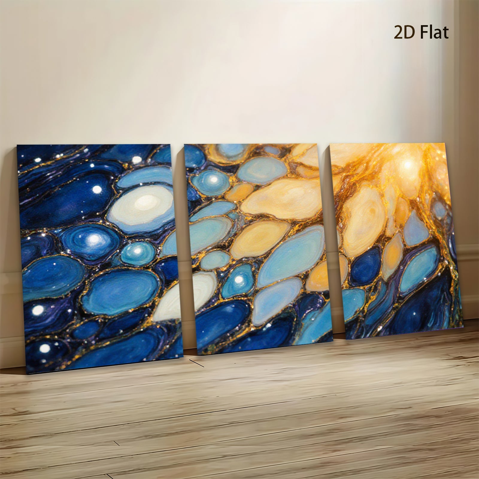 2D flat 1pc Abstract Fluid Art Gold Veins Blue White Wall Decor Living Room Bedroom Modern Farmhouse Canvas Prints Gallery Wrapped Ready to Hang