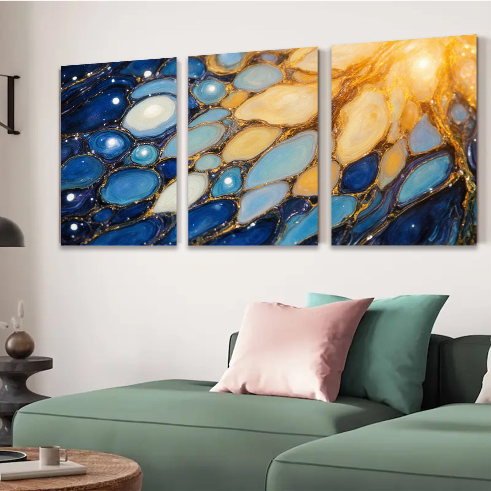 2D flat 1pc Abstract Fluid Art Gold Veins Blue White Wall Decor Living Room Bedroom Modern Farmhouse Canvas Prints Gallery Wrapped Ready to Hang