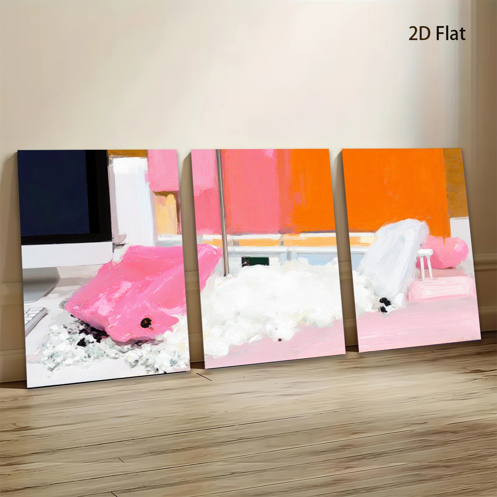 2D flat 1pc Abstract Pink White Brushstrokes Modern Wall Art Living Room Bedroom Decor Gallery Wrapped Canvas Prints Coastal Farmhouse Style