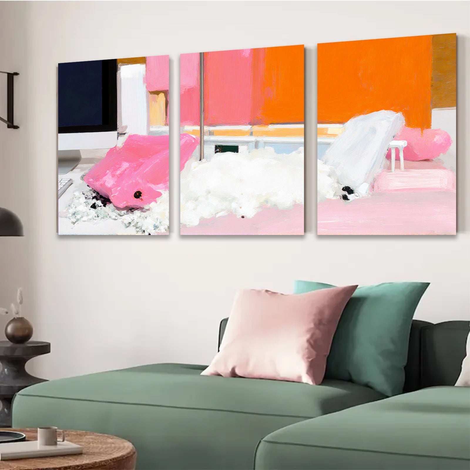 2D flat 1pc Abstract Pink White Brushstrokes Modern Wall Art Living Room Bedroom Decor Gallery Wrapped Canvas Prints Coastal Farmhouse Style