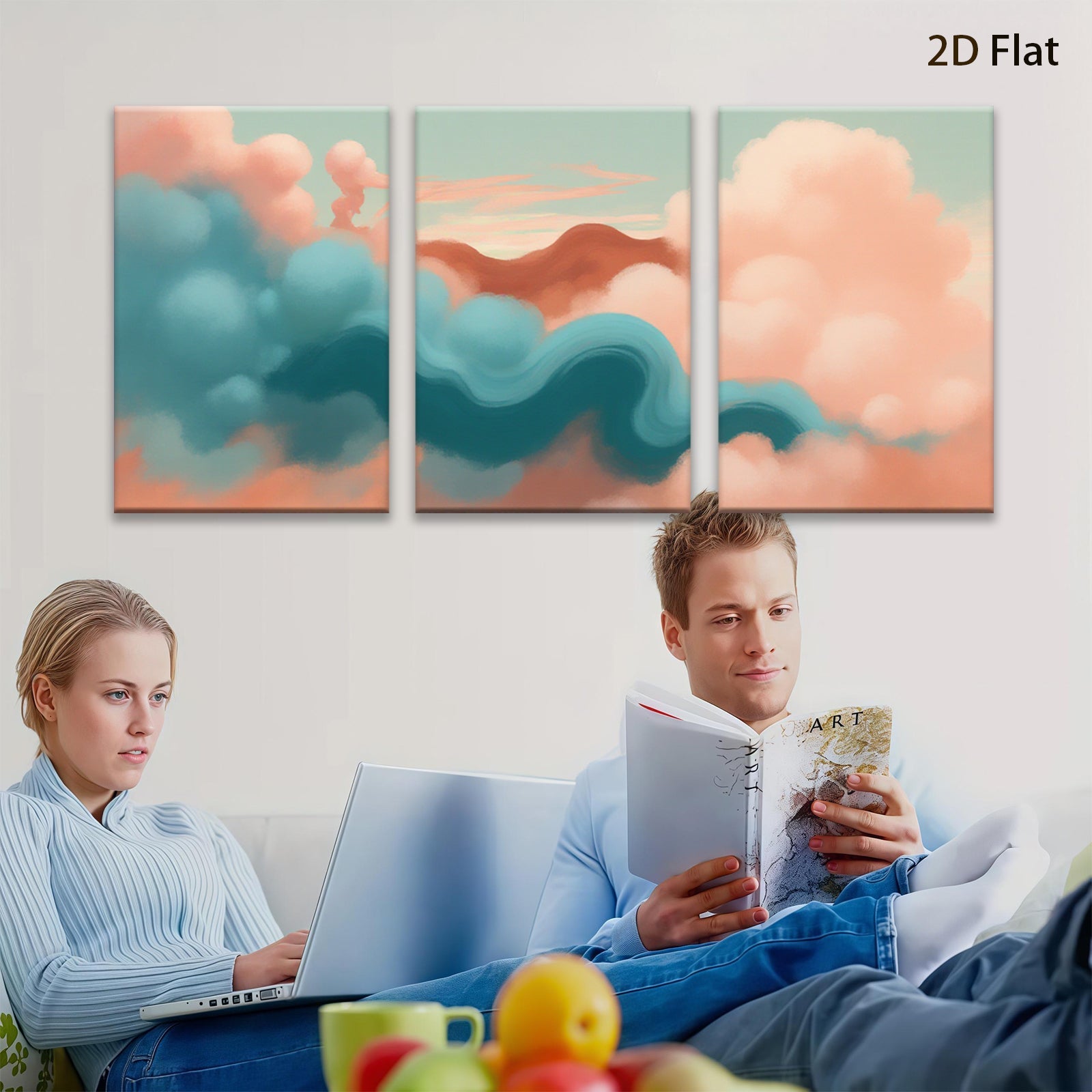 2D flat 1pc Abstract Sky Clouds Wall Art Canvas Prints for Living Room Bedroom Home Decor Modern Farmhouse Rustic Teal Orange Aesthetic Gallery Wrapped Timeless