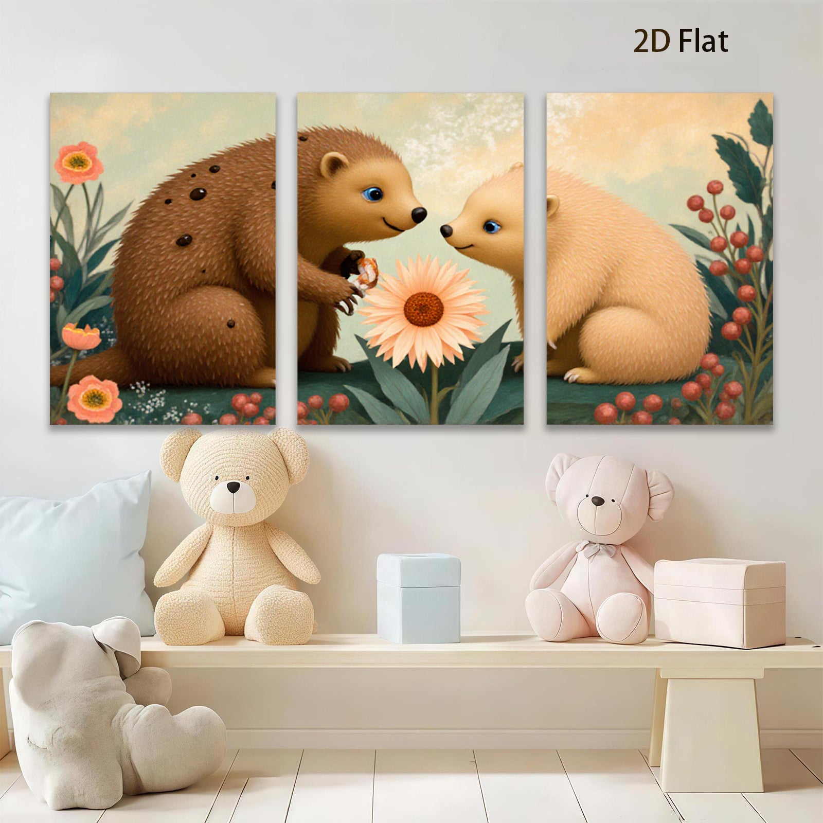 2D flat 1pc Adorable Bear Cubs Share Blossom Garden Wall Art Kids Room Nursery Decor Modern Farmhouse Canvas Prints Living Room Bedroom Gift