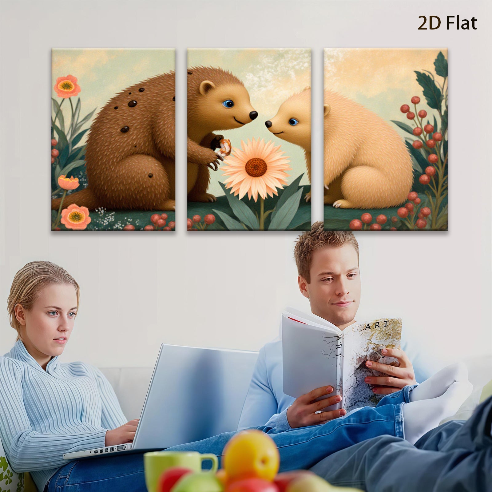2D flat 1pc Adorable Bear Cubs Share Blossom Garden Wall Art Kids Room Nursery Decor Modern Farmhouse Canvas Prints Living Room Bedroom Gift