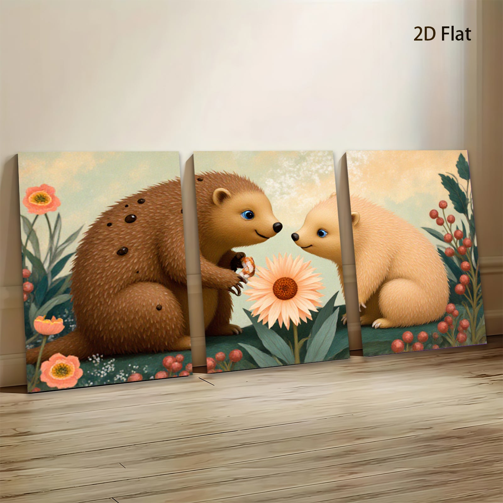 2D flat 1pc Adorable Bear Cubs Share Blossom Garden Wall Art Kids Room Nursery Decor Modern Farmhouse Canvas Prints Living Room Bedroom Gift