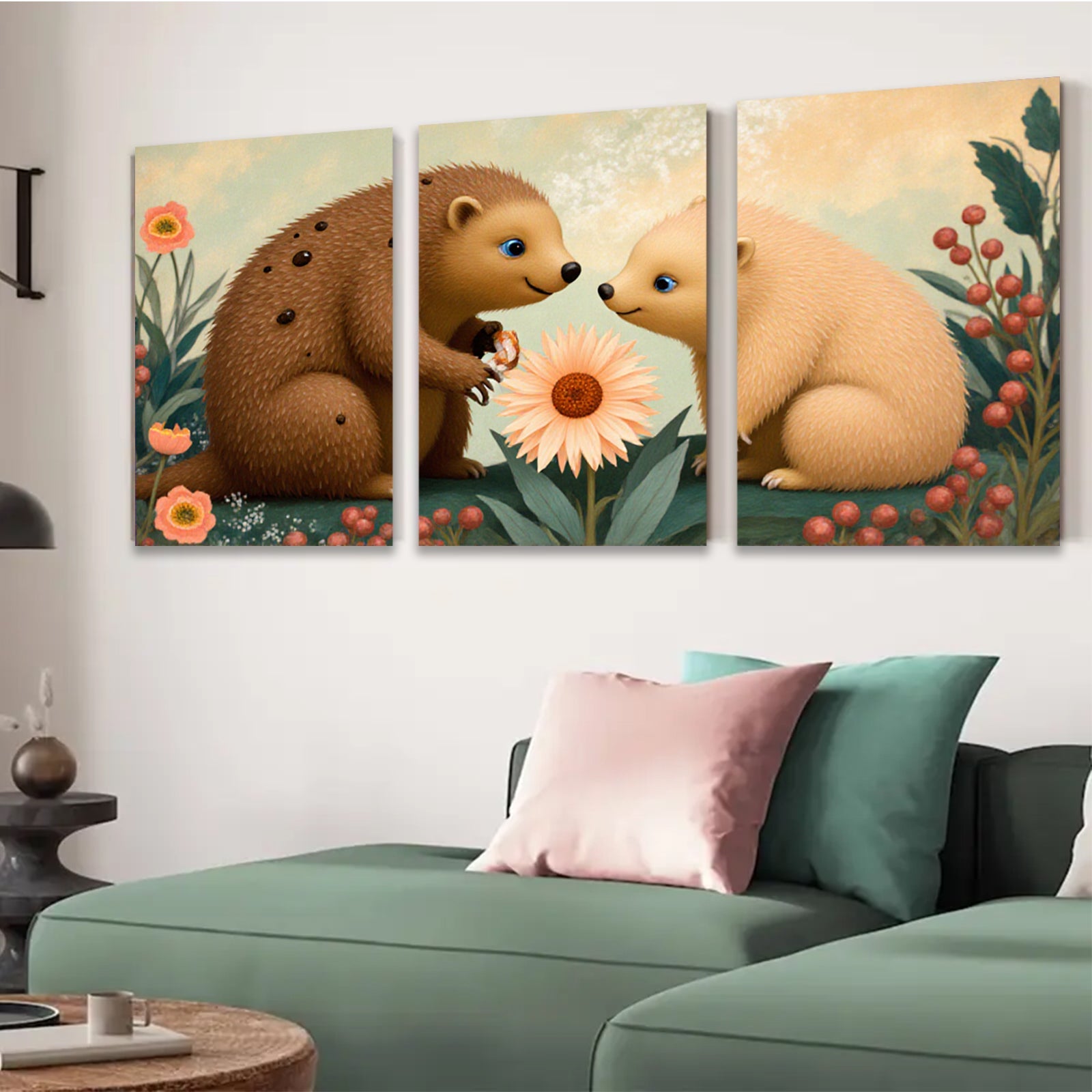 2D flat 1pc Adorable Bear Cubs Share Blossom Garden Wall Art Kids Room Nursery Decor Modern Farmhouse Canvas Prints Living Room Bedroom Gift