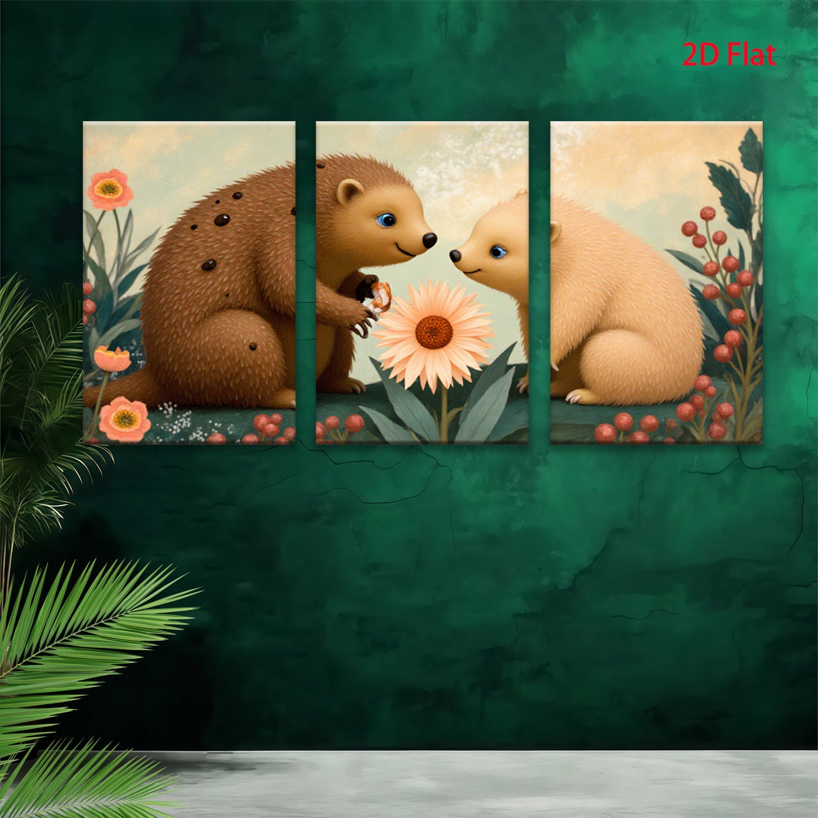 2D flat 1pc Adorable Bear Cubs Share Blossom Garden Wall Art Kids Room Nursery Decor Modern Farmhouse Canvas Prints Living Room Bedroom Gift