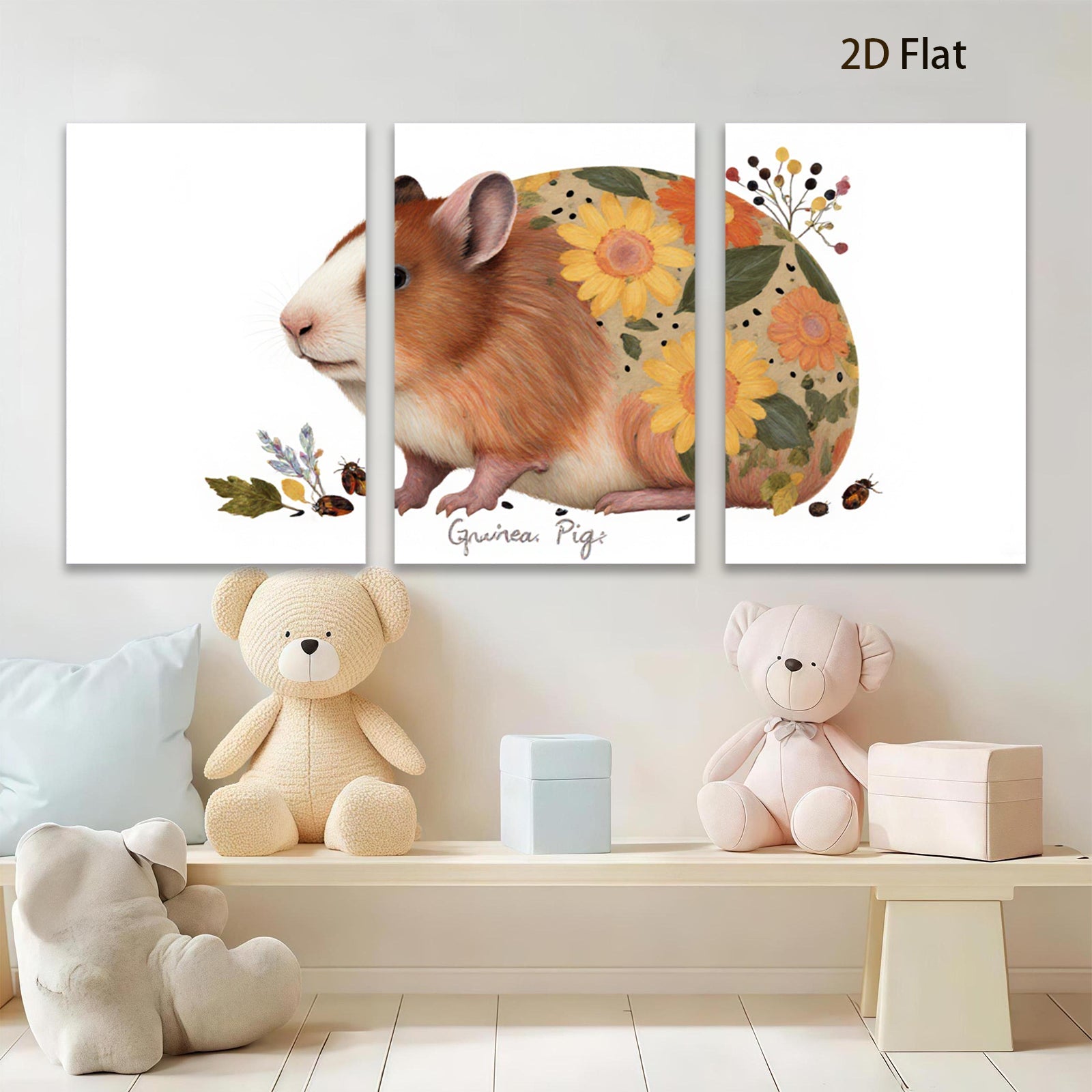2D flat 1pc Adorable Guinea Pig with Floral Design Wall Art Living Room Bedroom Decor Farmhouse Style Gallery Wrapped Canvas Prints Ready to Hang