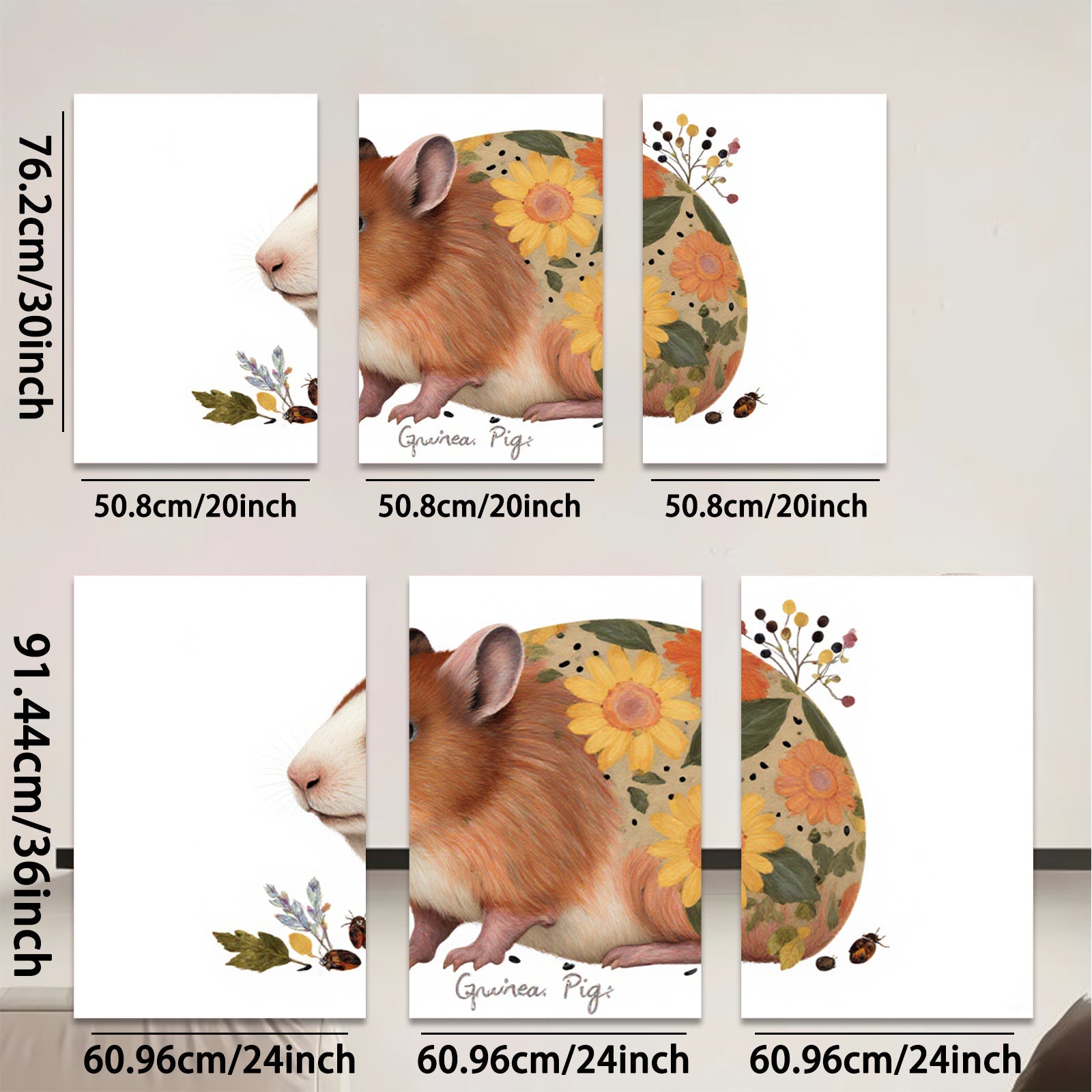 2D flat 1pc Adorable Guinea Pig with Floral Design Wall Art Living Room Bedroom Decor Farmhouse Style Gallery Wrapped Canvas Prints Ready to Hang