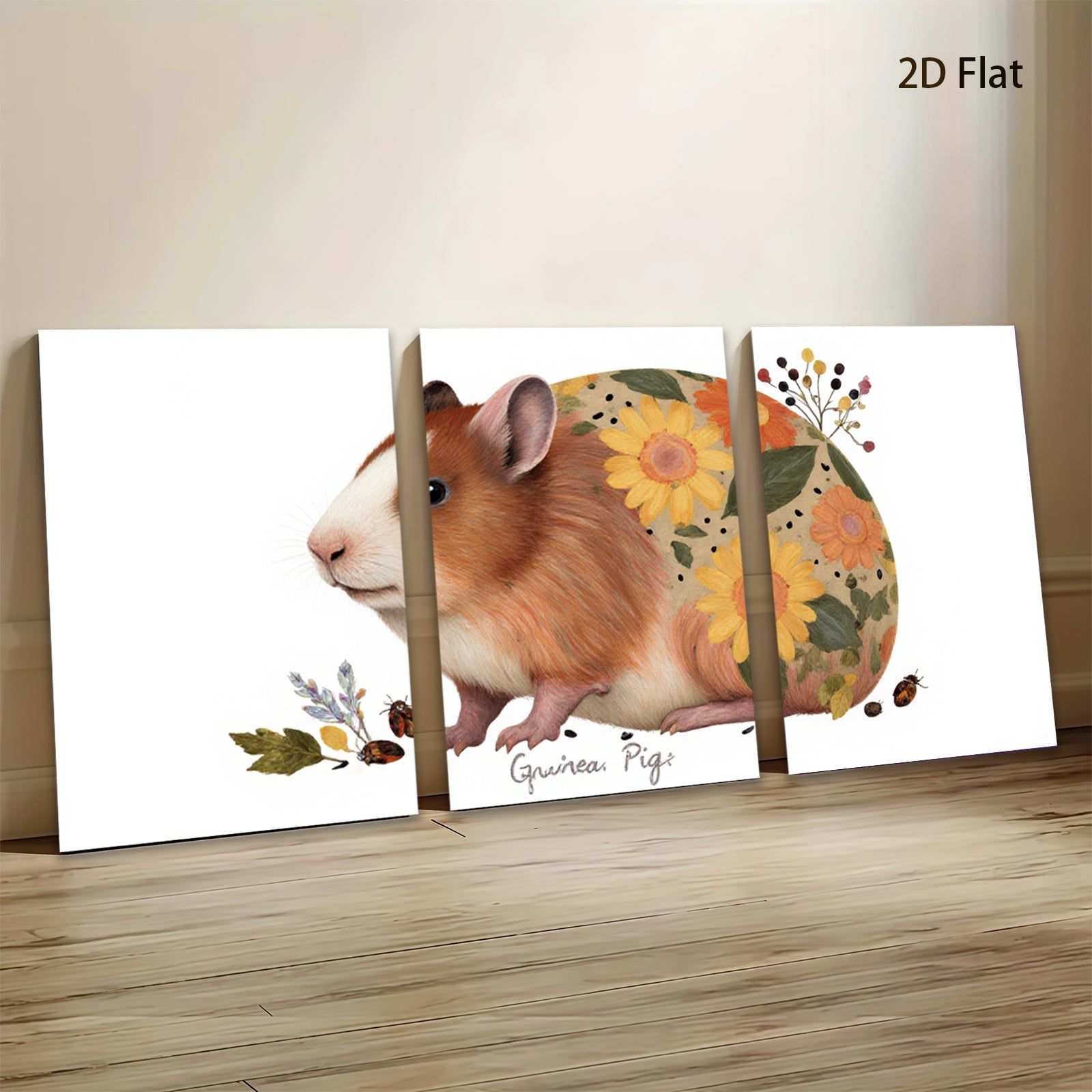 2D flat 1pc Adorable Guinea Pig with Floral Design Wall Art Living Room Bedroom Decor Farmhouse Style Gallery Wrapped Canvas Prints Ready to Hang