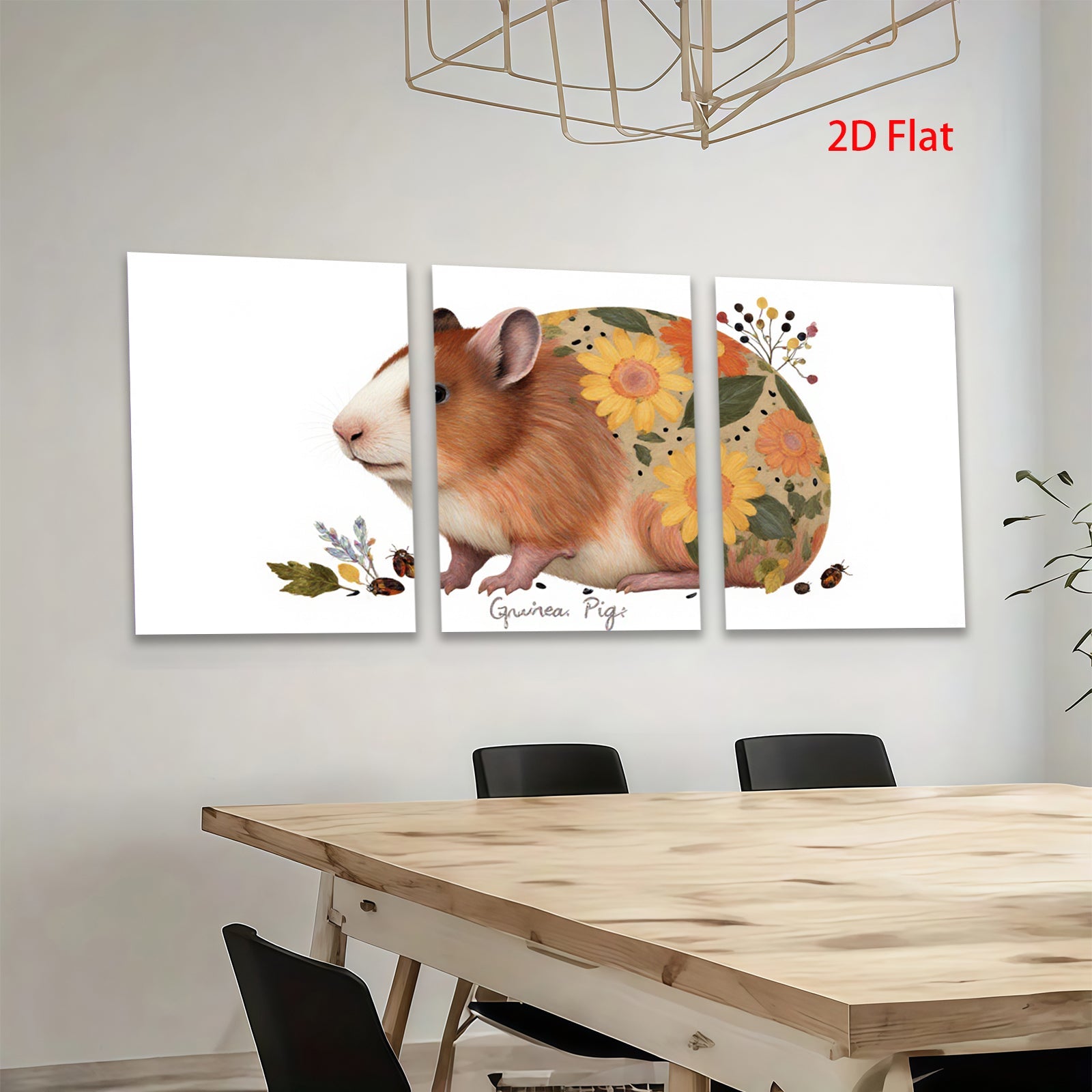 2D flat 1pc Adorable Guinea Pig with Floral Design Wall Art Living Room Bedroom Decor Farmhouse Style Gallery Wrapped Canvas Prints Ready to Hang