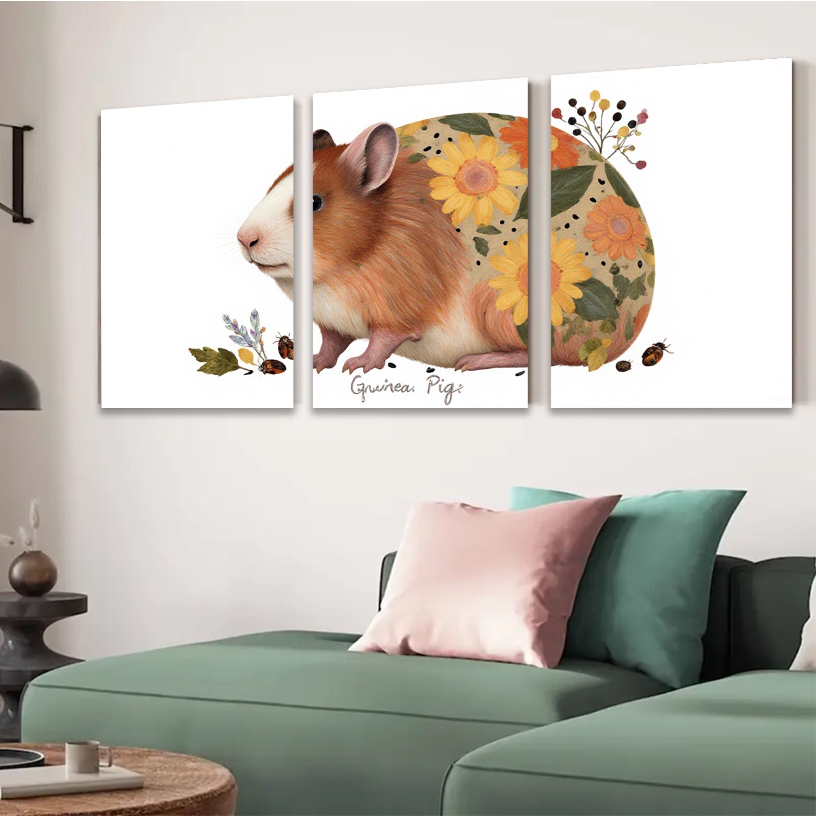 2D flat 1pc Adorable Guinea Pig with Floral Design Wall Art Living Room Bedroom Decor Farmhouse Style Gallery Wrapped Canvas Prints Ready to Hang