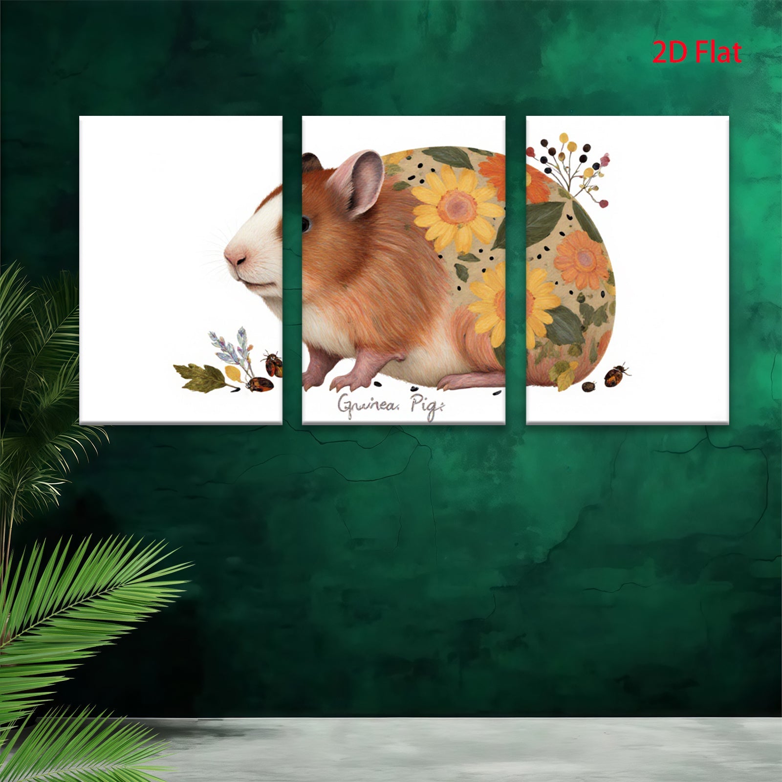 2D flat 1pc Adorable Guinea Pig with Floral Design Wall Art Living Room Bedroom Decor Farmhouse Style Gallery Wrapped Canvas Prints Ready to Hang