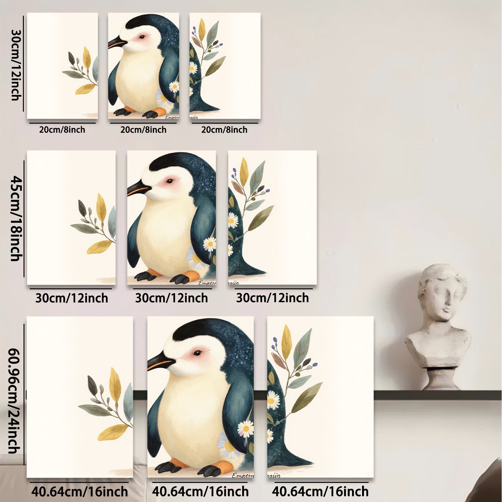 2D flat 1pc Adorable Penguin Floral Wall Art Canvas Print for Living Room Bedroom Gallery Wrapped Modern Farmhouse Decor Cozy Aesthetic Home Gifts