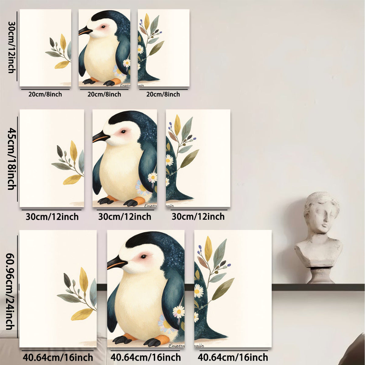 2D flat 1pc Adorable Penguin Floral Wall Art Canvas Print for Living Room Bedroom Gallery Wrapped Modern Farmhouse Decor Cozy Aesthetic Home Gifts