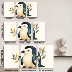 2D flat 1pc Adorable Penguin Floral Wall Art Canvas Print for Living Room Bedroom Gallery Wrapped Modern Farmhouse Decor Cozy Aesthetic Home Gifts