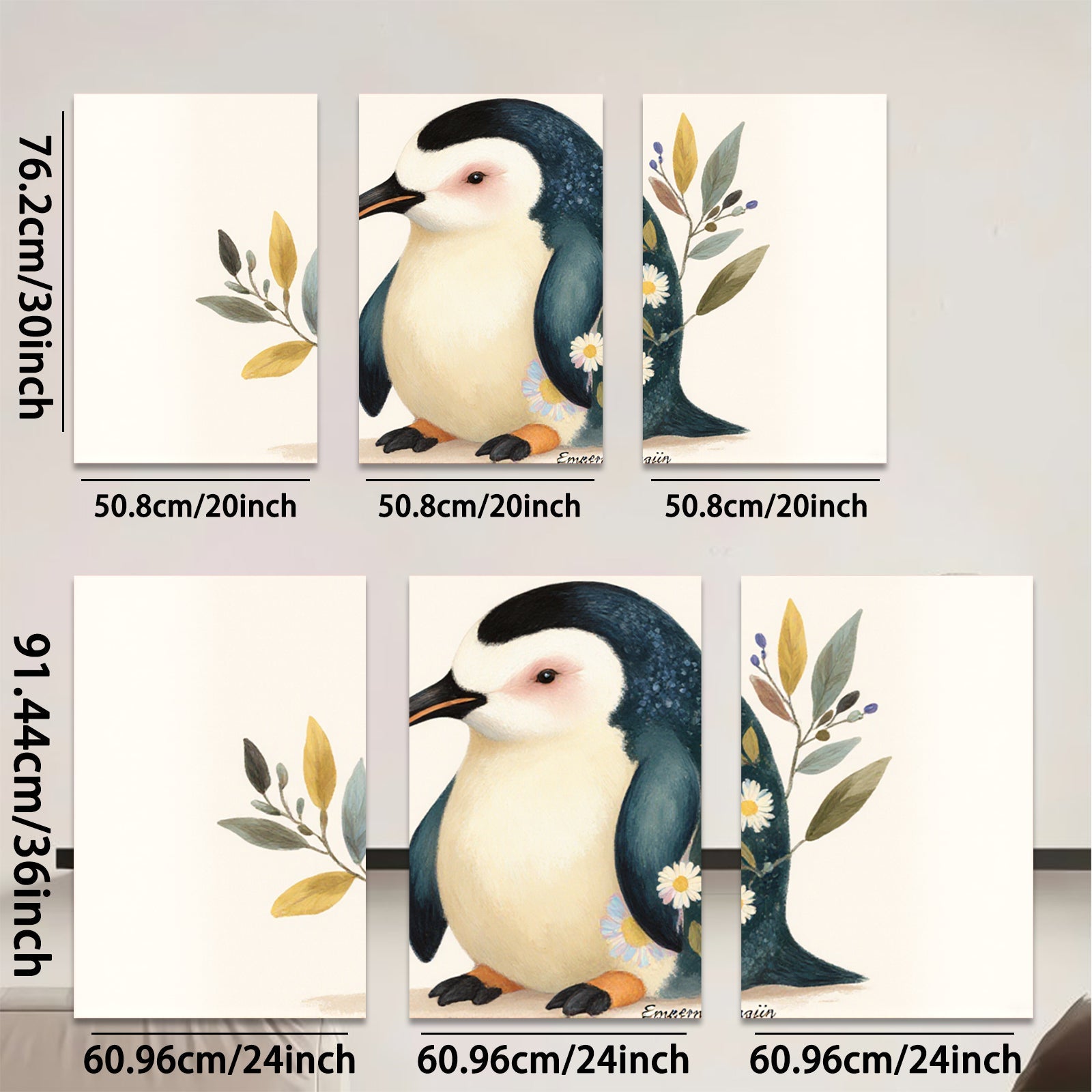 2D flat 1pc Adorable Penguin Floral Wall Art Canvas Print for Living Room Bedroom Gallery Wrapped Modern Farmhouse Decor Cozy Aesthetic Home Gifts