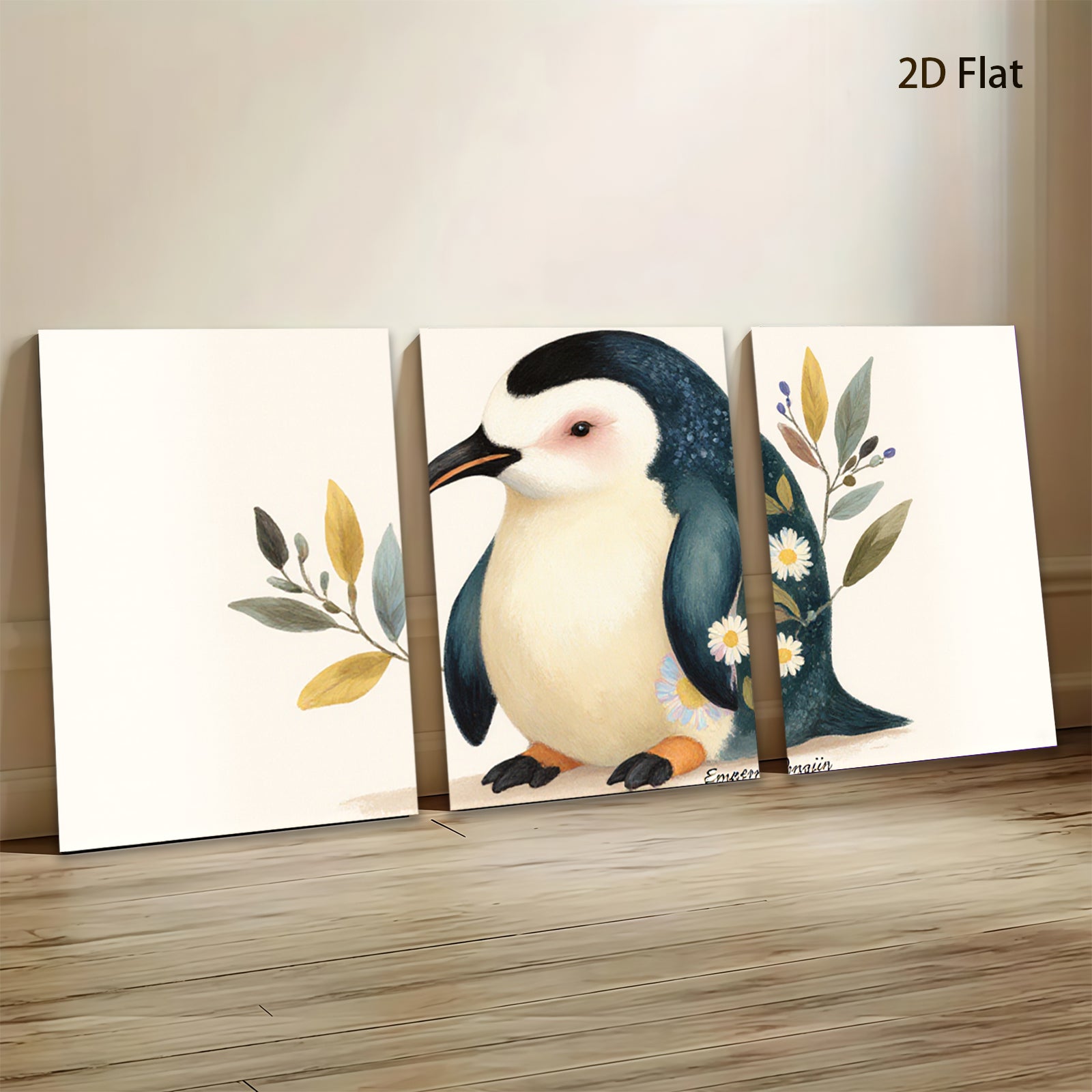 2D flat 1pc Adorable Penguin Floral Wall Art Canvas Print for Living Room Bedroom Gallery Wrapped Modern Farmhouse Decor Cozy Aesthetic Home Gifts