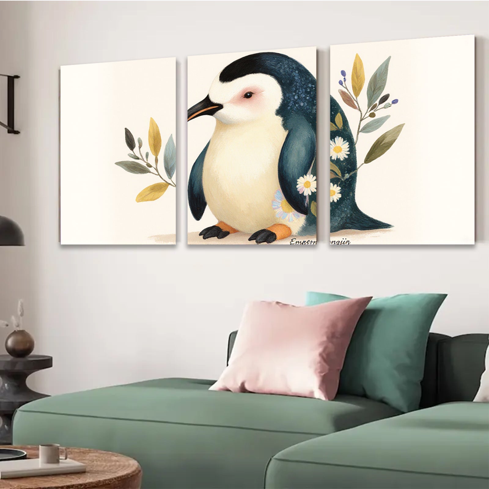 2D flat 1pc Adorable Penguin Floral Wall Art Canvas Print for Living Room Bedroom Gallery Wrapped Modern Farmhouse Decor Cozy Aesthetic Home Gifts