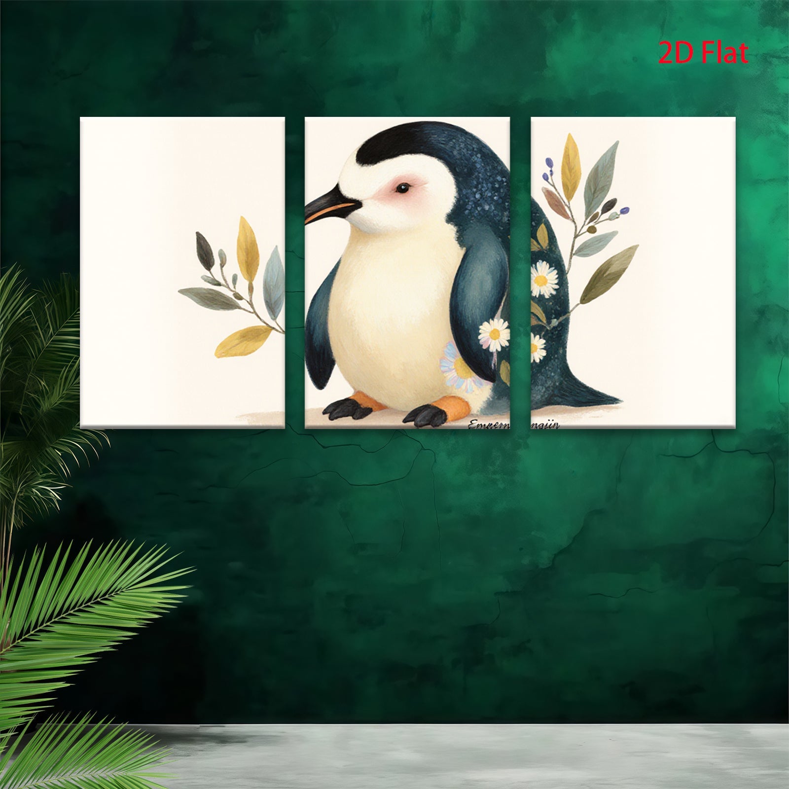 2D flat 1pc Adorable Penguin Floral Wall Art Canvas Print for Living Room Bedroom Gallery Wrapped Modern Farmhouse Decor Cozy Aesthetic Home Gifts