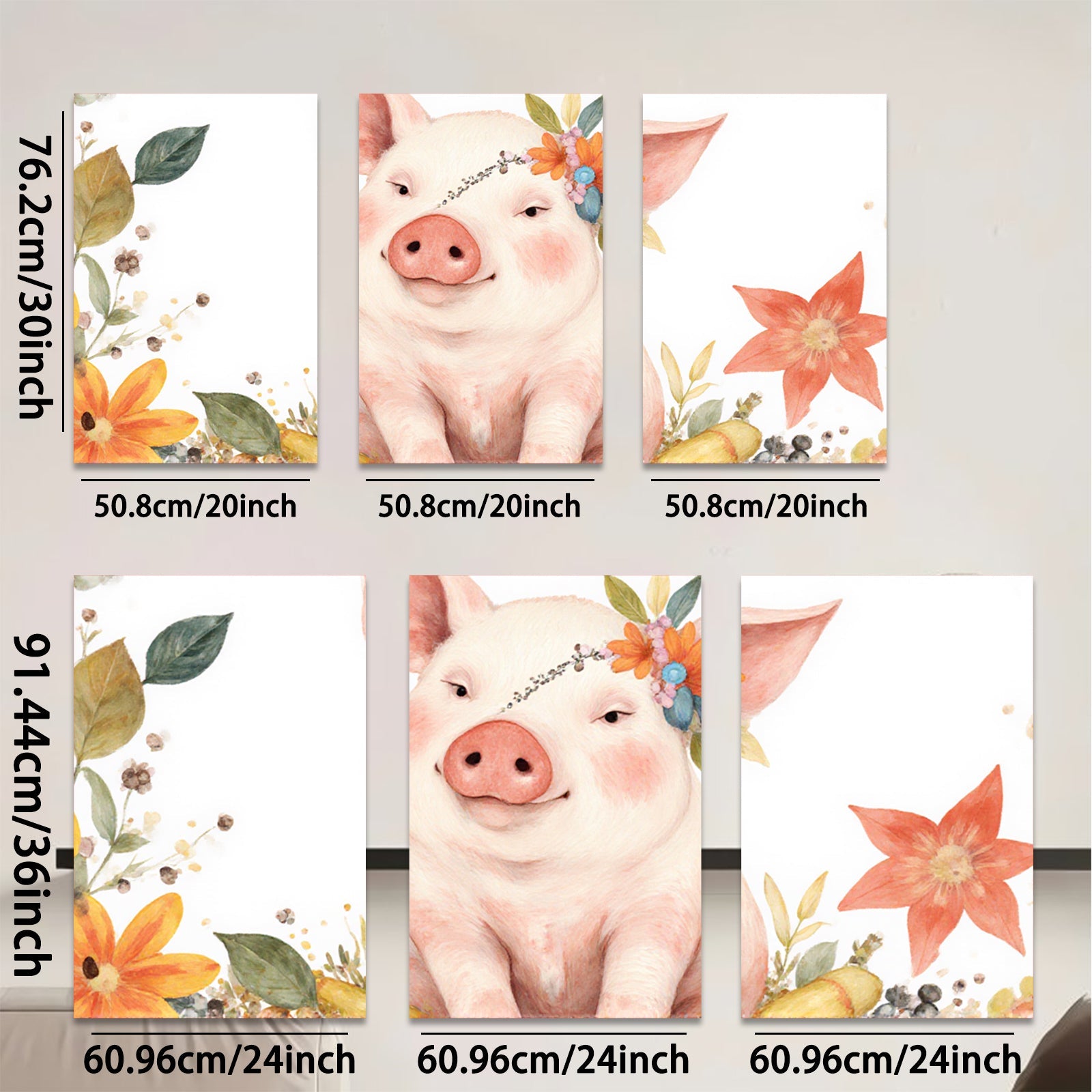 2D flat 1pc Adorable Pig with Floral Crown Farmhouse Wall Art for Kids Room Nursery Decor Living Room Prints Canvas Picture Modern Aesthetic