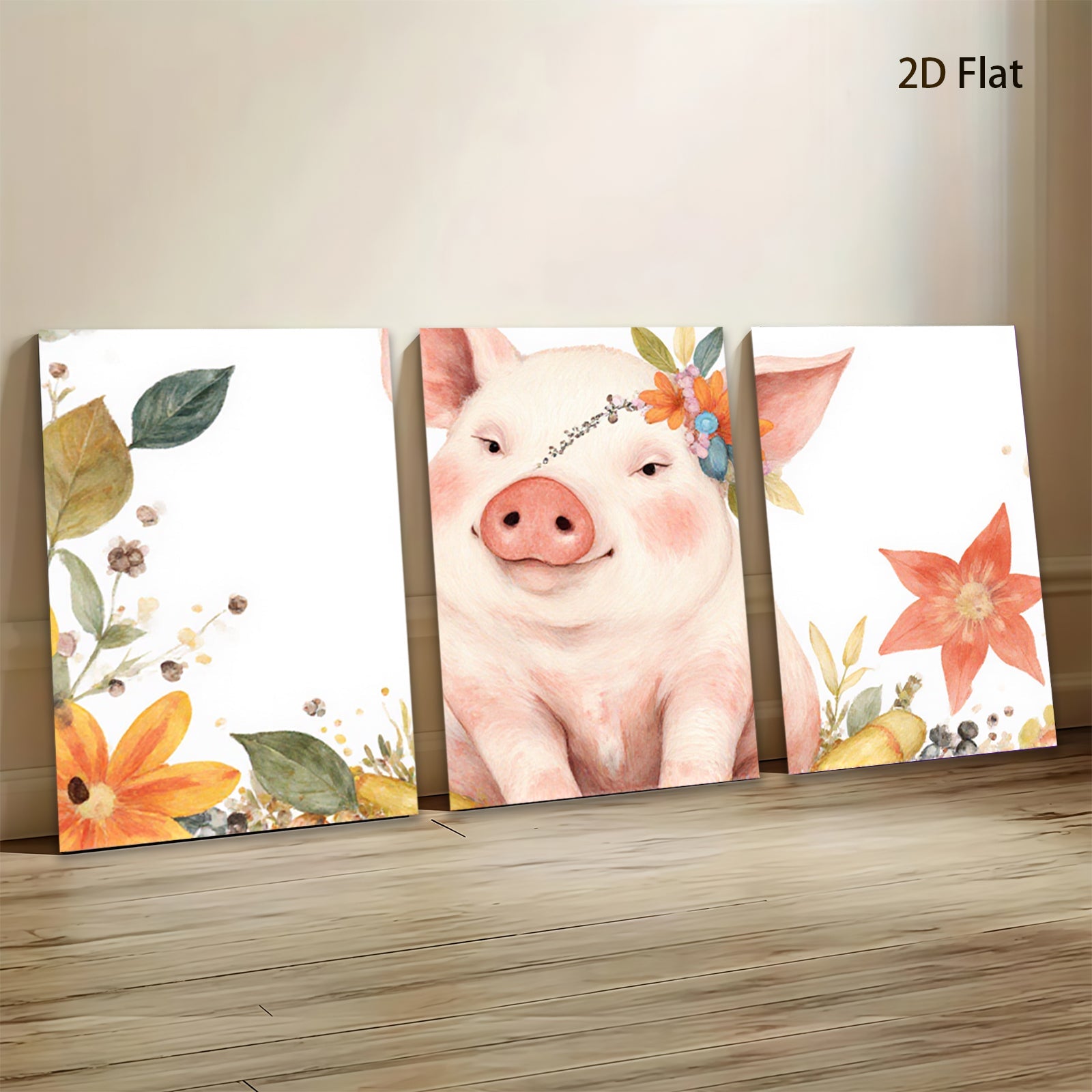 2D flat 1pc Adorable Pig with Floral Crown Farmhouse Wall Art for Kids Room Nursery Decor Living Room Prints Canvas Picture Modern Aesthetic