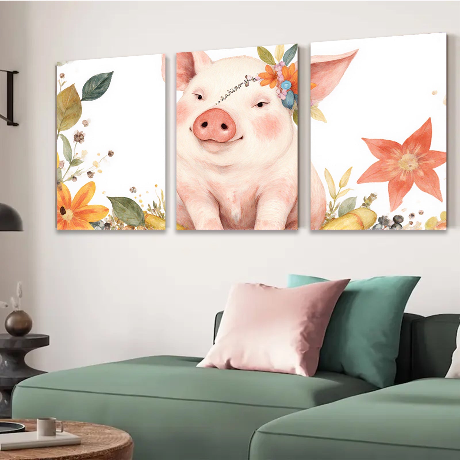 2D flat 1pc Adorable Pig with Floral Crown Farmhouse Wall Art for Kids Room Nursery Decor Living Room Prints Canvas Picture Modern Aesthetic