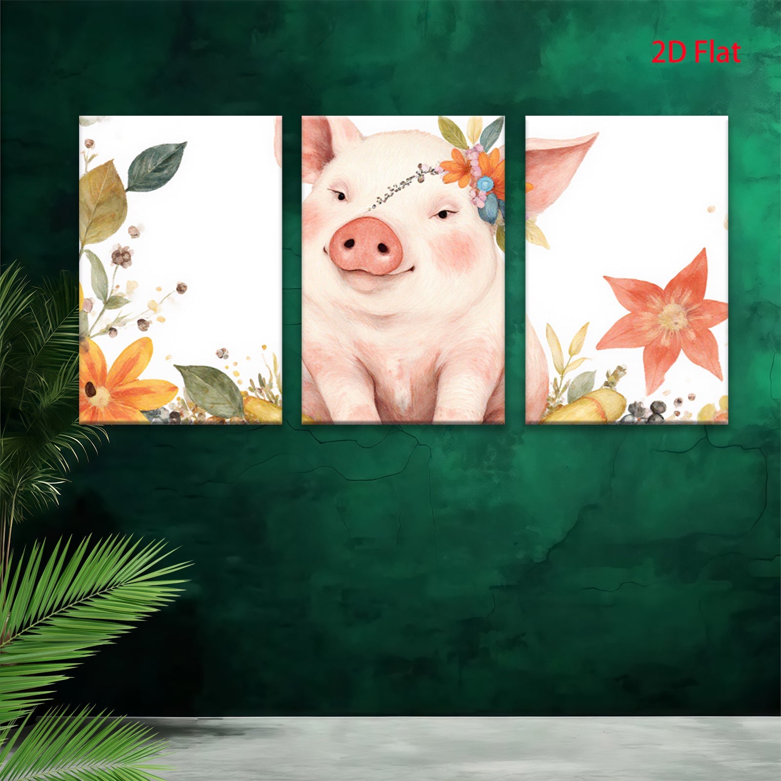 2D flat 1pc Adorable Pig with Floral Crown Farmhouse Wall Art for Kids Room Nursery Decor Living Room Prints Canvas Picture Modern Aesthetic