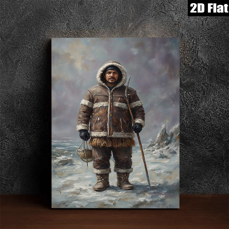 2D flat 1pc Alaskan Native Hunter Portrait Winter Landscape Wall Art Canvas Prints for Living Room Bedroom Home Decor Gallery Wrapped Frameless Modern Farmhouse Rustic Style