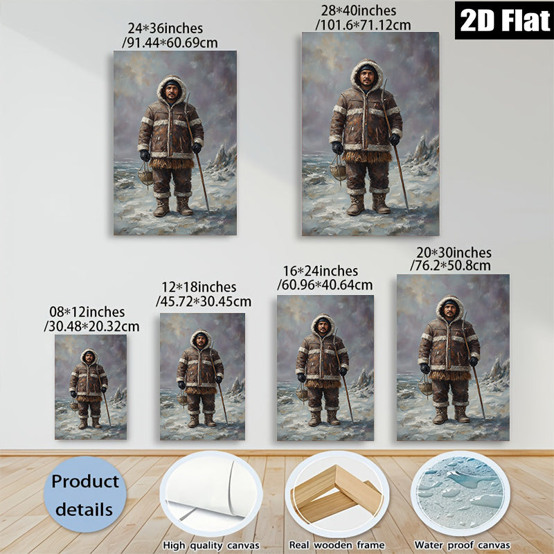 2D flat 1pc Alaskan Native Hunter Portrait Winter Landscape Wall Art Canvas Prints for Living Room Bedroom Home Decor Gallery Wrapped Frameless Modern Farmhouse Rustic Style