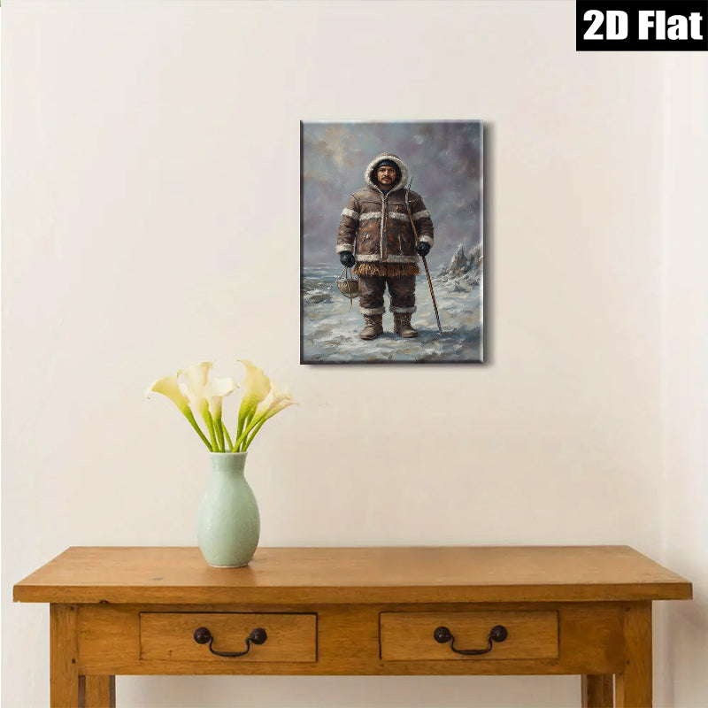 2D flat 1pc Alaskan Native Hunter Portrait Winter Landscape Wall Art Canvas Prints for Living Room Bedroom Home Decor Gallery Wrapped Frameless Modern Farmhouse Rustic Style
