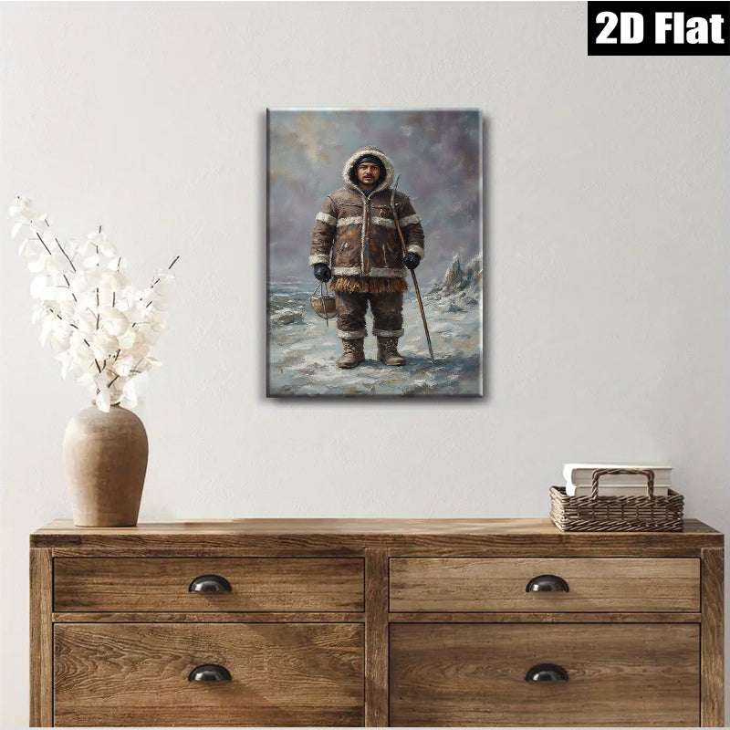 2D flat 1pc Alaskan Native Hunter Portrait Winter Landscape Wall Art Canvas Prints for Living Room Bedroom Home Decor Gallery Wrapped Frameless Modern Farmhouse Rustic Style