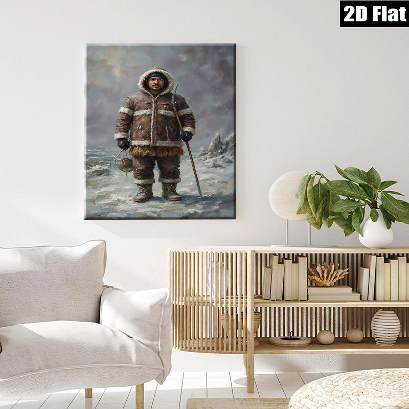 2D flat 1pc Alaskan Native Hunter Portrait Winter Landscape Wall Art Canvas Prints for Living Room Bedroom Home Decor Gallery Wrapped Frameless Modern Farmhouse Rustic Style