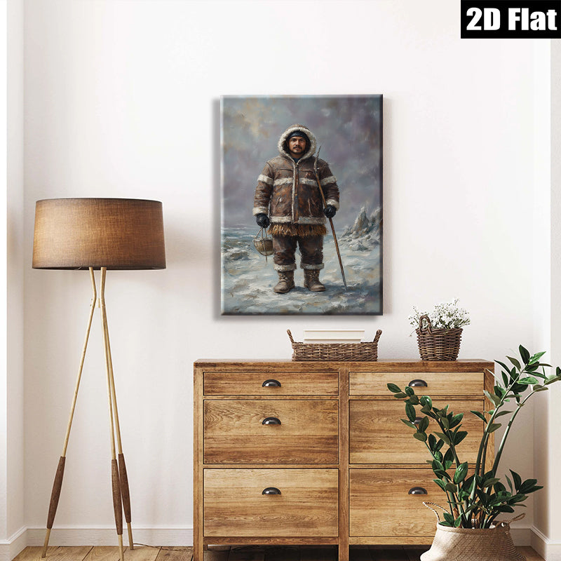 2D flat 1pc Alaskan Native Hunter Portrait Winter Landscape Wall Art Canvas Prints for Living Room Bedroom Home Decor Gallery Wrapped Frameless Modern Farmhouse Rustic Style