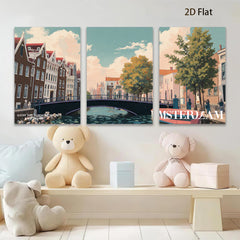 2D flat 1pc Amsterdam Canal Street Scene Wall Art Decor for Living Room Bedroom Office Modern Farmhouse Gallery Wrapped Canvas Prints Ready to Hang