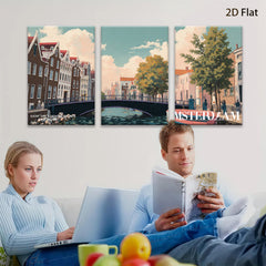 2D flat 1pc Amsterdam Canal Street Scene Wall Art Decor for Living Room Bedroom Office Modern Farmhouse Gallery Wrapped Canvas Prints Ready to Hang