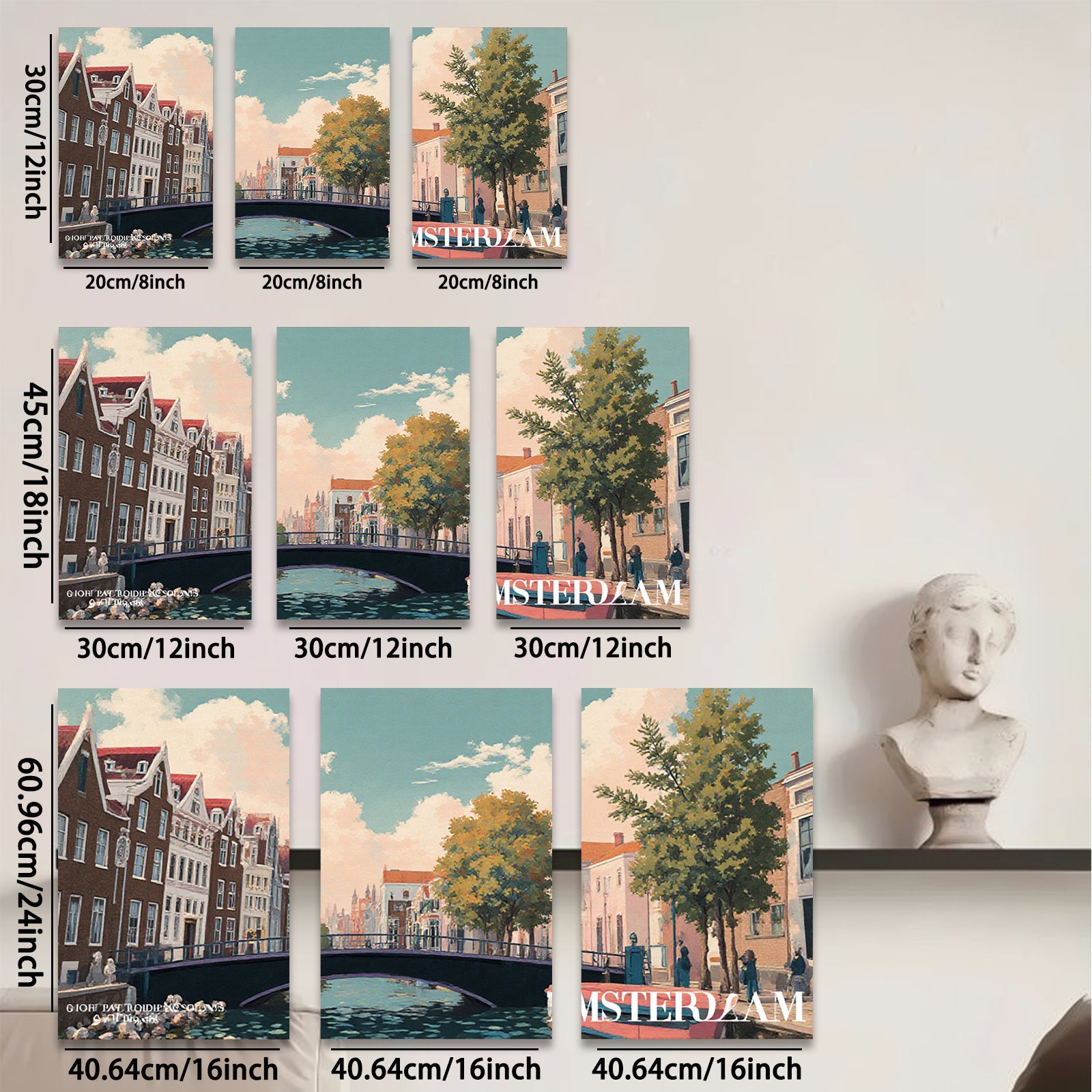 2D flat 1pc Amsterdam Canal Street Scene Wall Art Decor for Living Room Bedroom Office Modern Farmhouse Gallery Wrapped Canvas Prints Ready to Hang