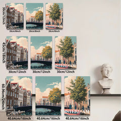 2D flat 1pc Amsterdam Canal Street Scene Wall Art Decor for Living Room Bedroom Office Modern Farmhouse Gallery Wrapped Canvas Prints Ready to Hang