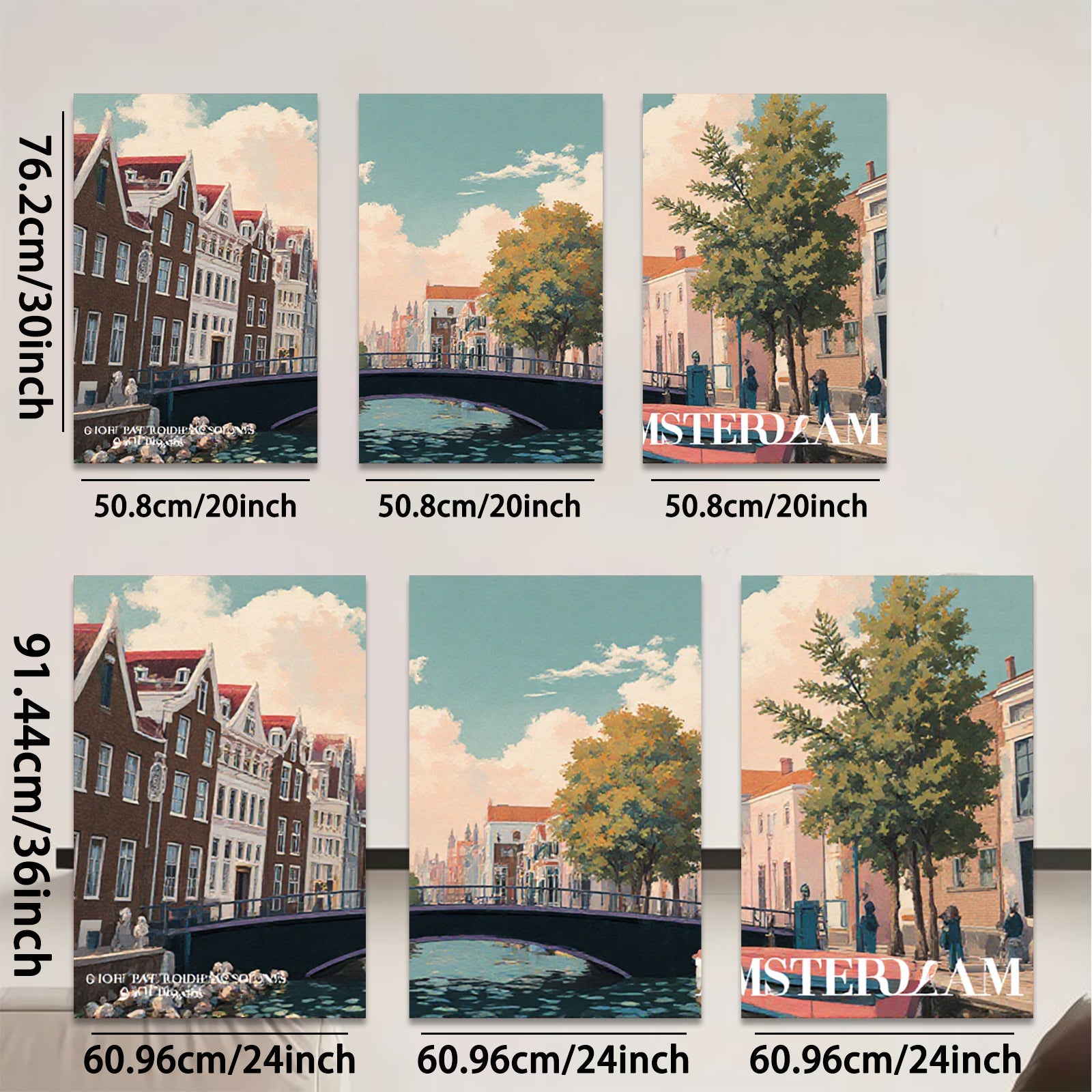 2D flat 1pc Amsterdam Canal Street Scene Wall Art Decor for Living Room Bedroom Office Modern Farmhouse Gallery Wrapped Canvas Prints Ready to Hang