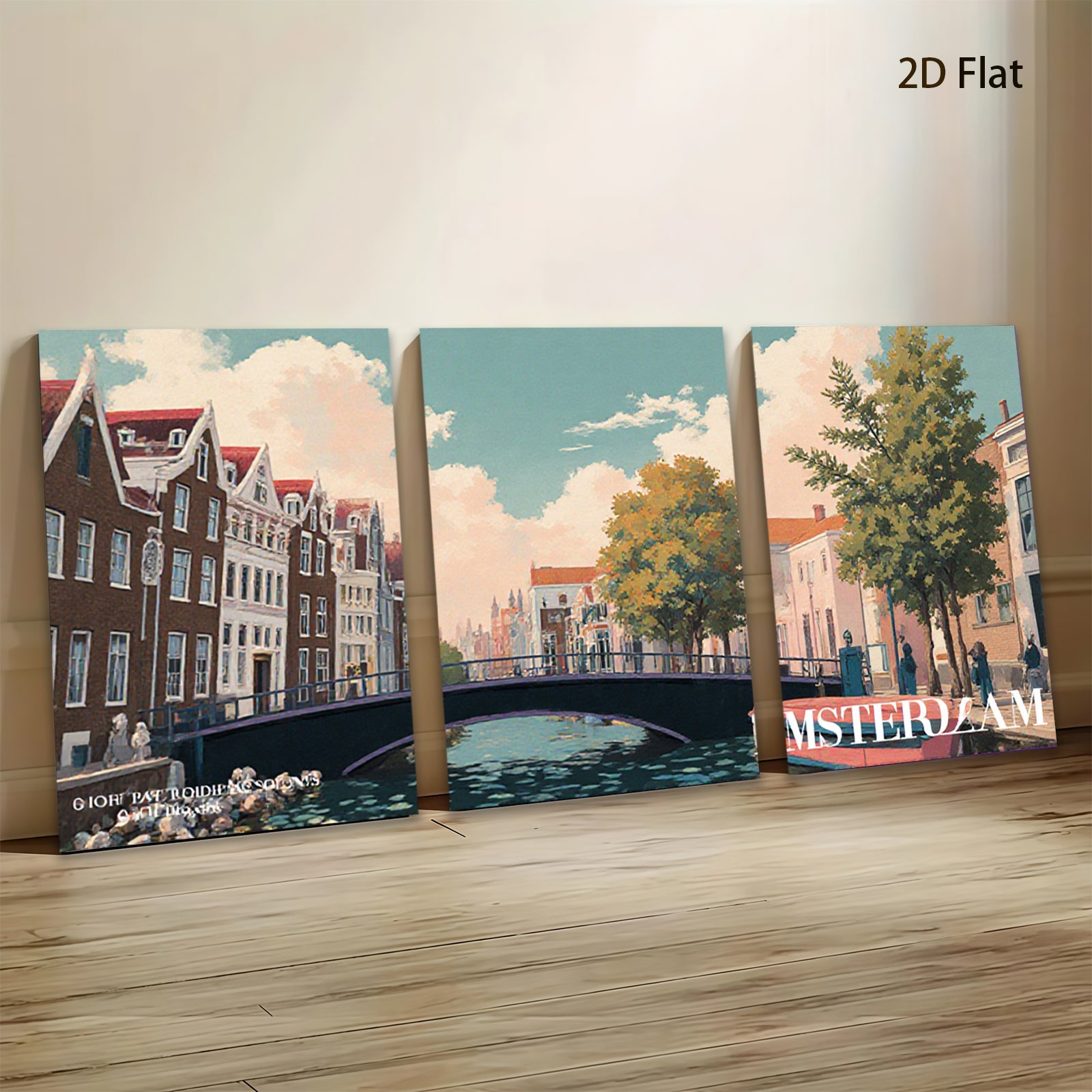 2D flat 1pc Amsterdam Canal Street Scene Wall Art Decor for Living Room Bedroom Office Modern Farmhouse Gallery Wrapped Canvas Prints Ready to Hang