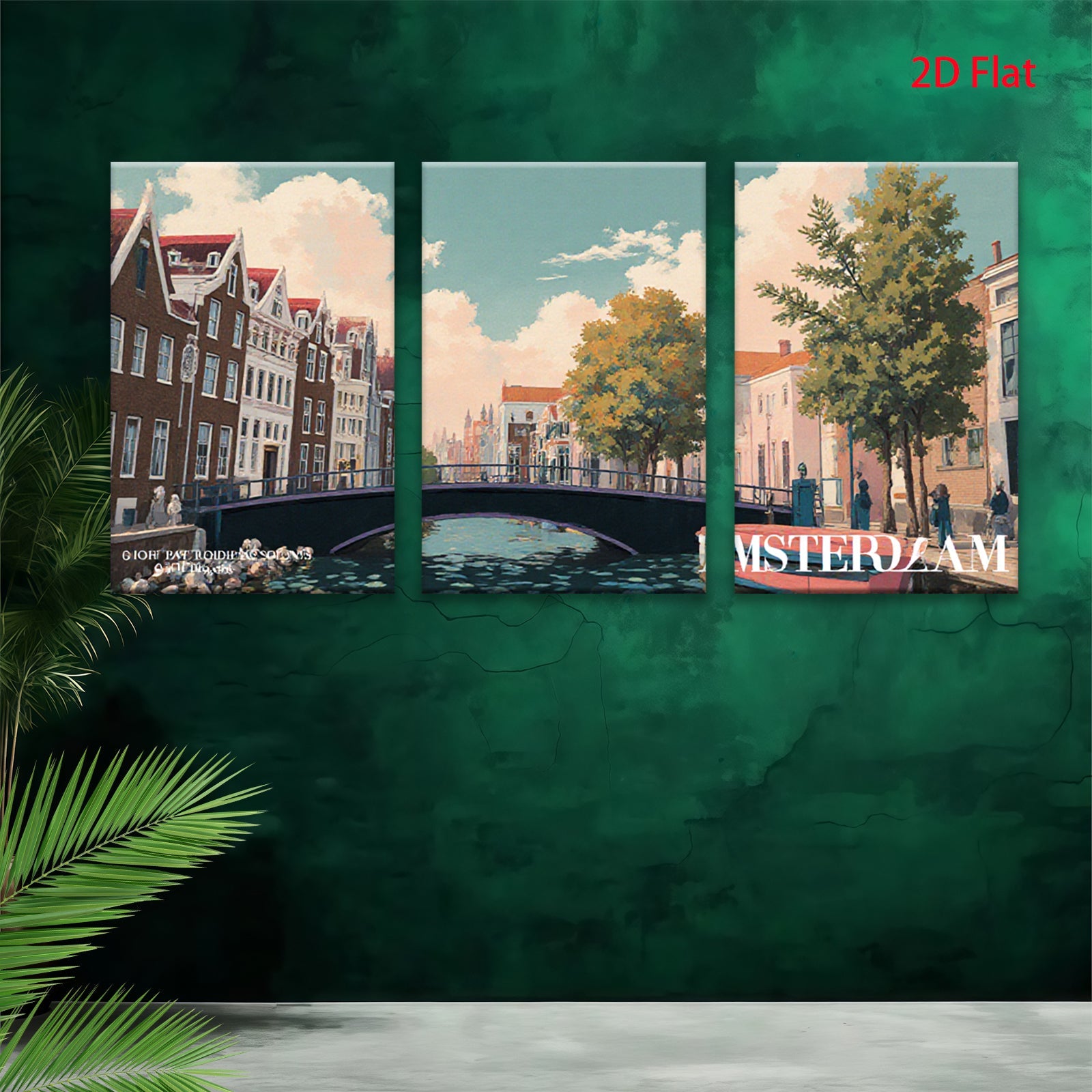 2D flat 1pc Amsterdam Canal Street Scene Wall Art Decor for Living Room Bedroom Office Modern Farmhouse Gallery Wrapped Canvas Prints Ready to Hang