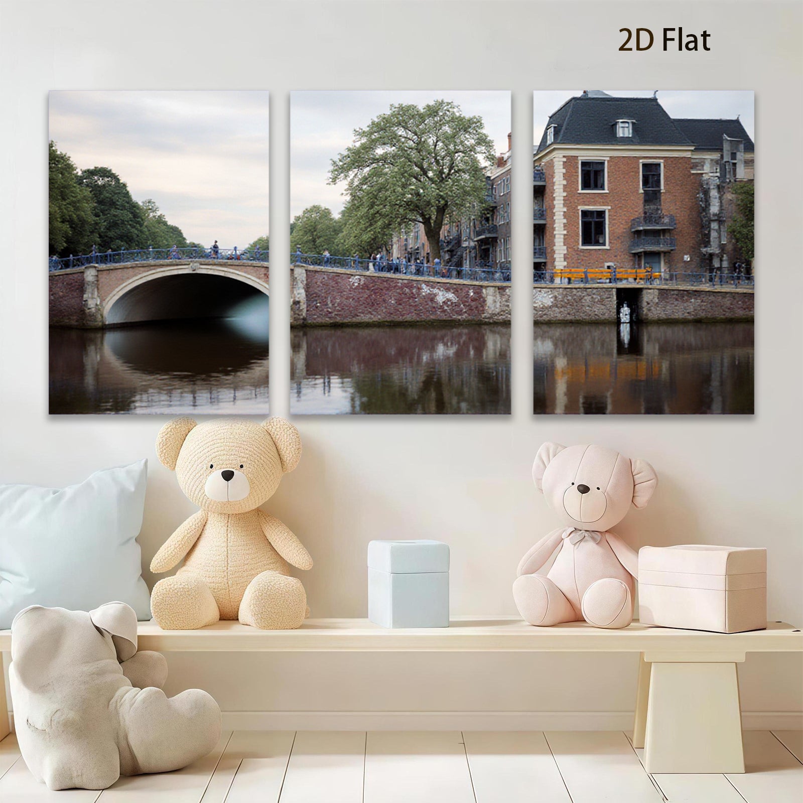 2D flat 1pc Amsterdam canal bridge cityscape wall art decor living room bedroom office modern farmhouse gallery wrapped canvas print cozy rustic vibe