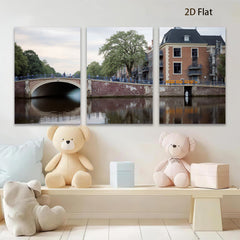 2D flat 1pc Amsterdam canal bridge cityscape wall art decor living room bedroom office modern farmhouse gallery wrapped canvas print cozy rustic vibe
