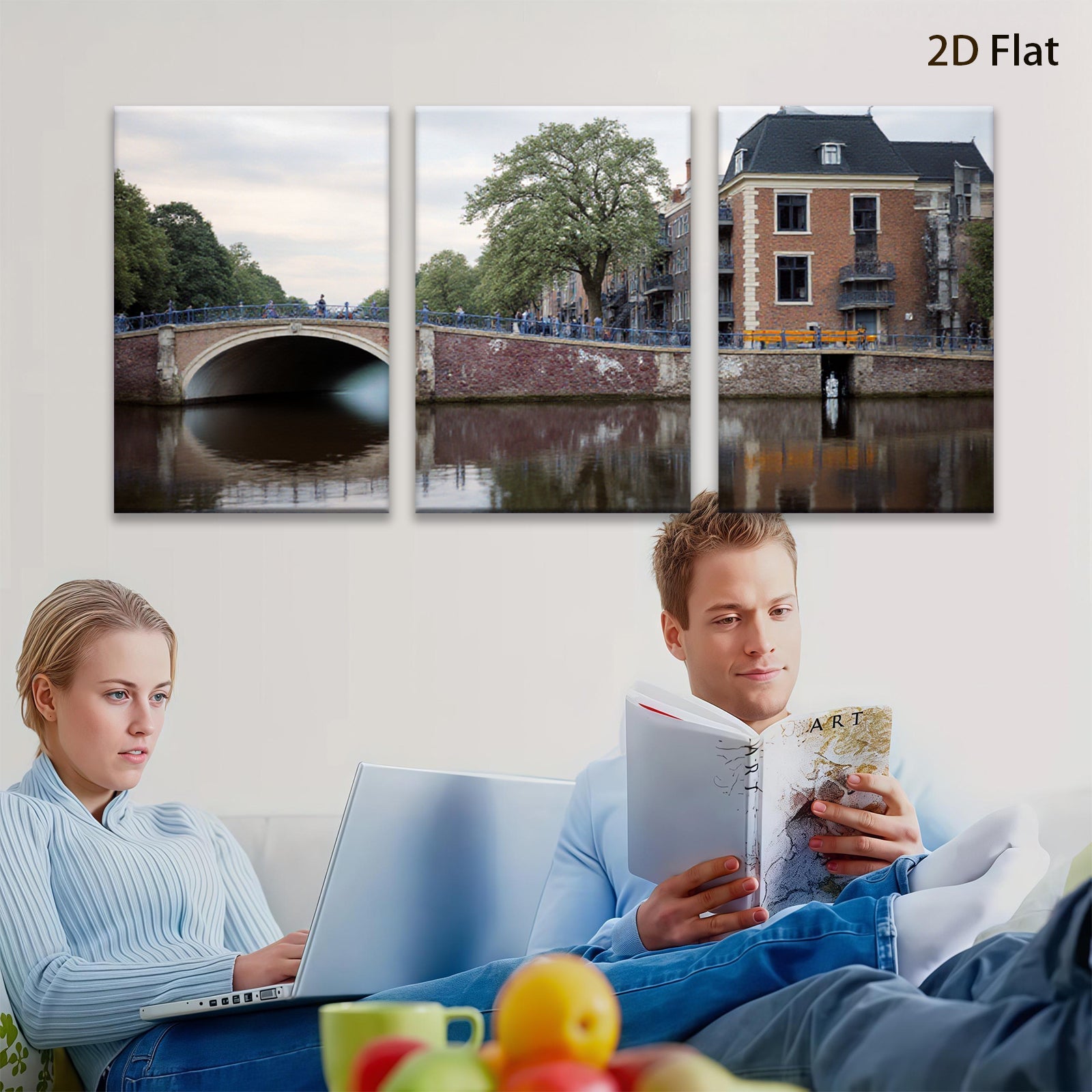2D flat 1pc Amsterdam canal bridge cityscape wall art decor living room bedroom office modern farmhouse gallery wrapped canvas print cozy rustic vibe