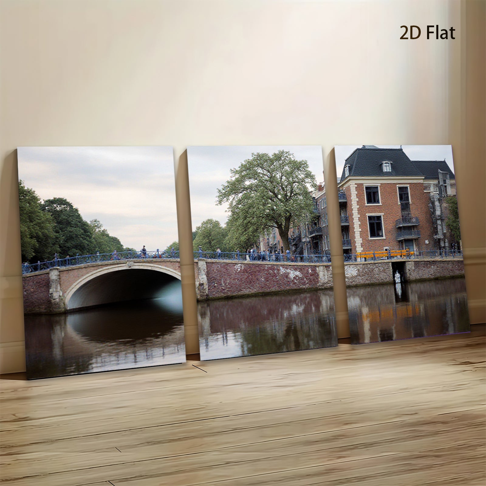 2D flat 1pc Amsterdam canal bridge cityscape wall art decor living room bedroom office modern farmhouse gallery wrapped canvas print cozy rustic vibe