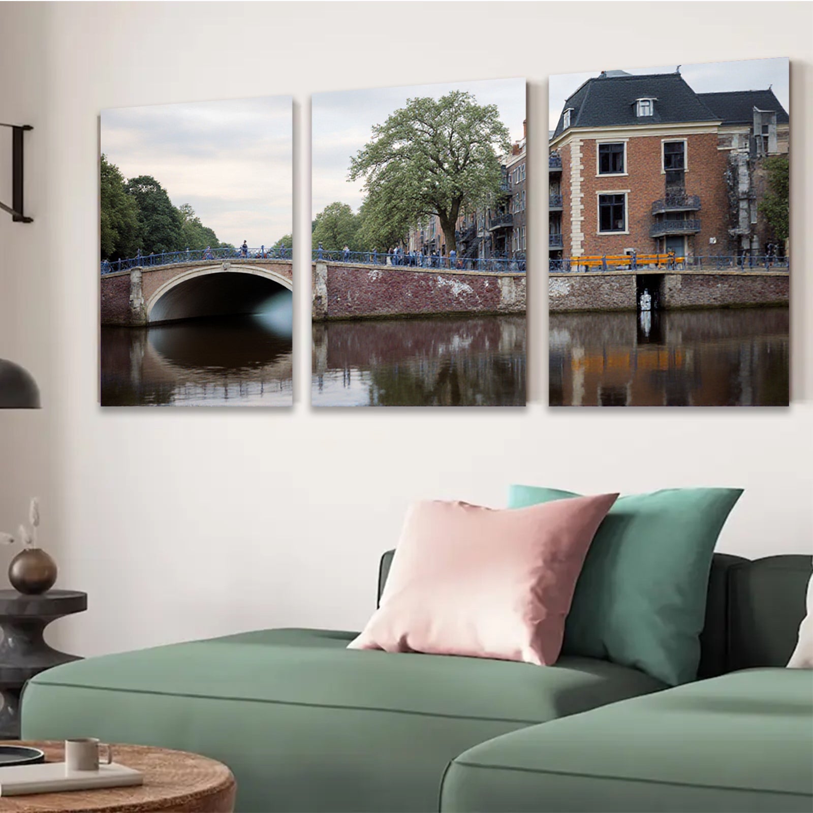 2D flat 1pc Amsterdam canal bridge cityscape wall art decor living room bedroom office modern farmhouse gallery wrapped canvas print cozy rustic vibe