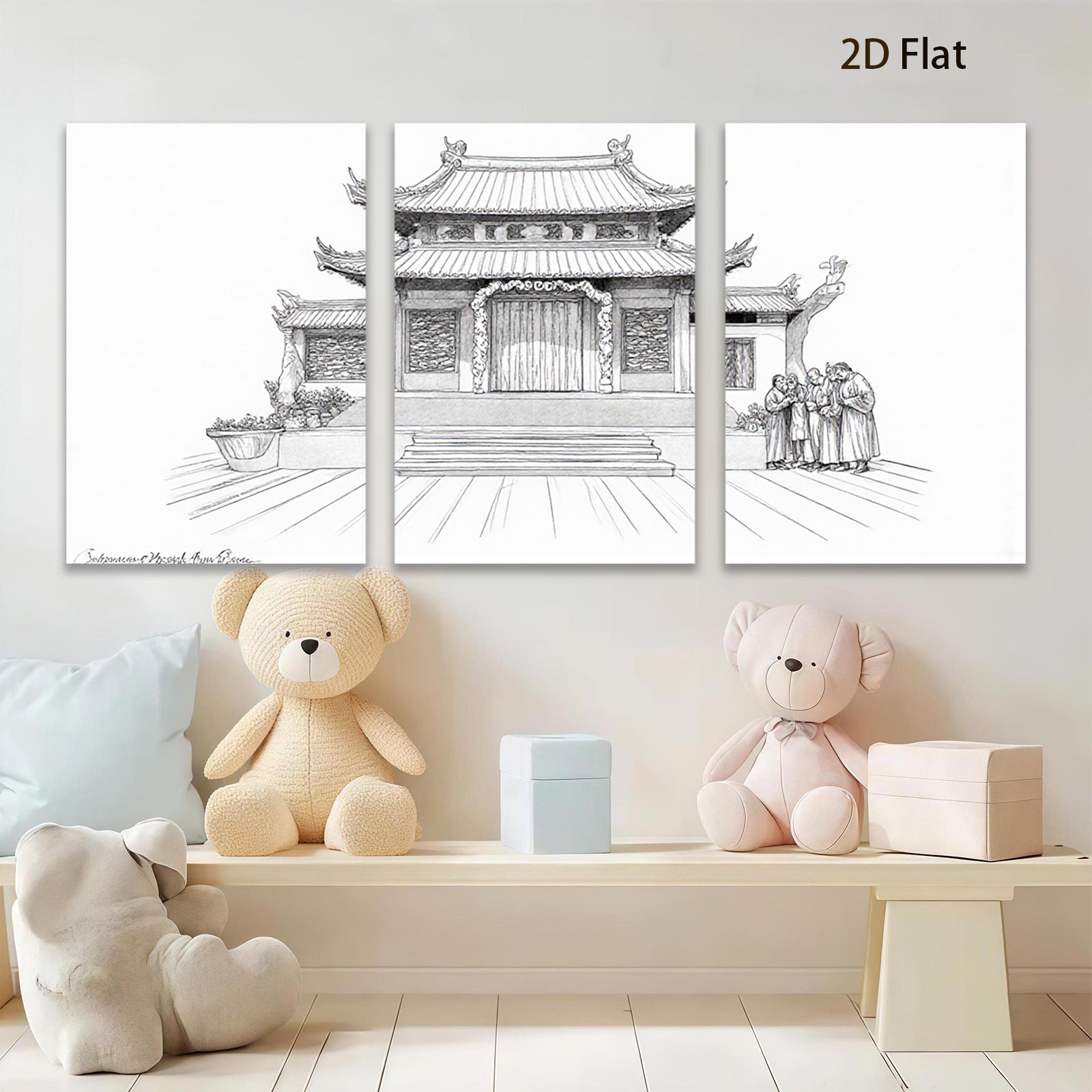 2D flat 1pc Ancient Chinese Temple Courtyard Wall Art Canvas Prints Living Room Bedroom Home Decor farmhouse style gallery wrapped modern minimalist