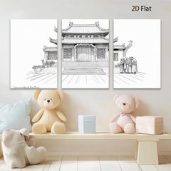 2D flat 1pc Ancient Chinese Temple Courtyard Wall Art Canvas Prints Living Room Bedroom Home Decor farmhouse style gallery wrapped modern minimalist